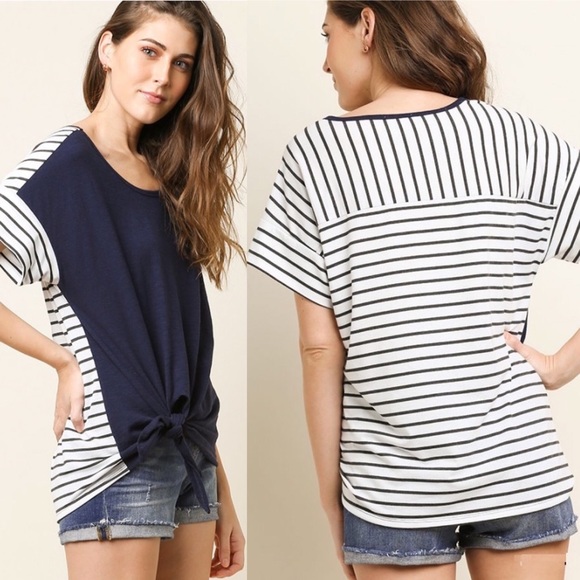 SALE 👀 Navy and Gray Striped Front Side Tie Top - Picture 2 of 5